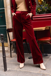 High-waisted straight-cut velvet trousers - P2228: Bordeaux