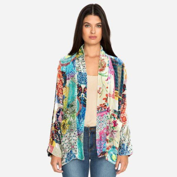 JOHNNY WAS Gigi Silk Velvet Kimono Lined Multi Patchwork Print Size Medium