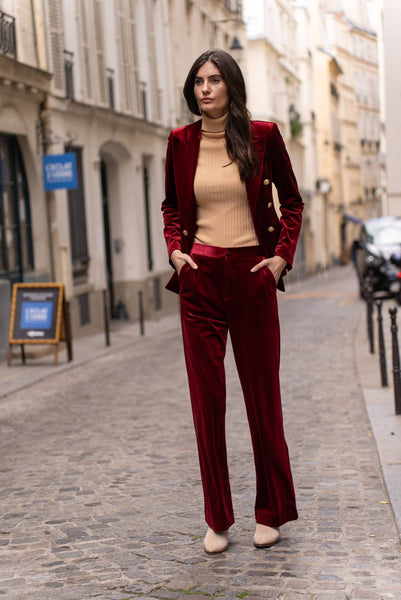 High-waisted straight-cut velvet trousers - P2228: Bordeaux